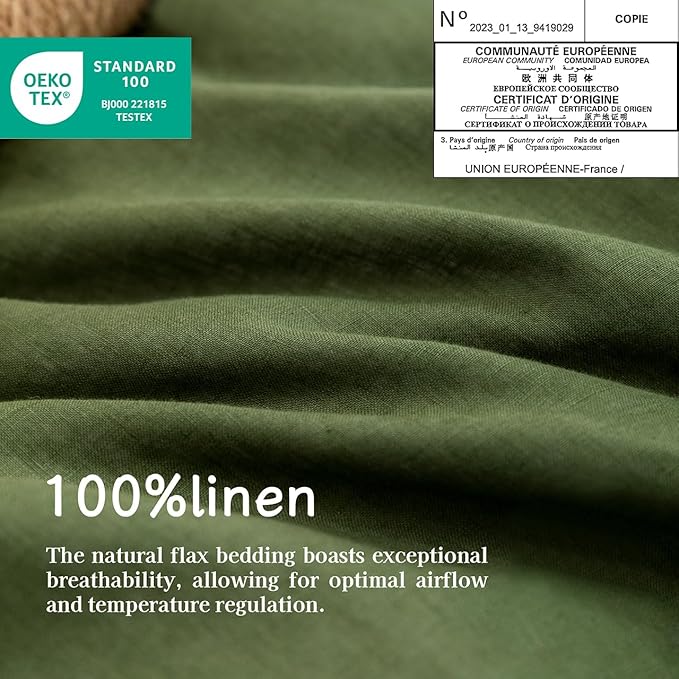 EVERLY Linen Twin Sheets Set, 100% Stonewashed French Linen Bed Sheets Deep Pocket Sheets, 3 Pieces (1 Flat Sheet, 1 Fitted Sheet, 1 Pillowcase) Natural Flax Bedding Set, Mossy Green