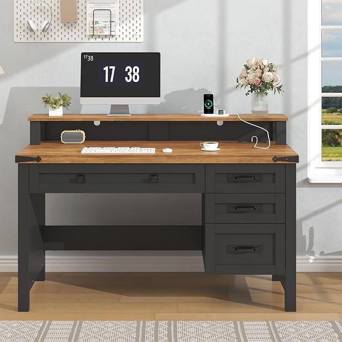 YOMILUVE Farmhouse Computer Desk with Drawers, 47" Small Computer Desk with Power Outlets, Home Office Desk with Monitor Stand & 4 Drawers, Writing Study Table, Brown and Black