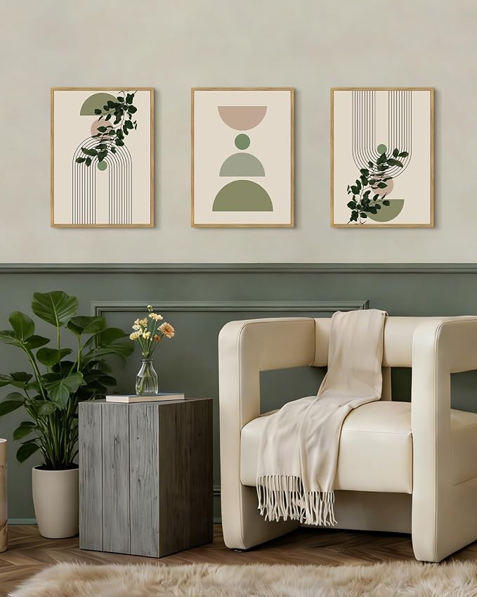 Drsoum Green Botanical Plant Wall Decor Framed Modern Boho Sage Wall Art Abstract Geometry Lines Prints Ready to Hang 11x14in Natural Framed