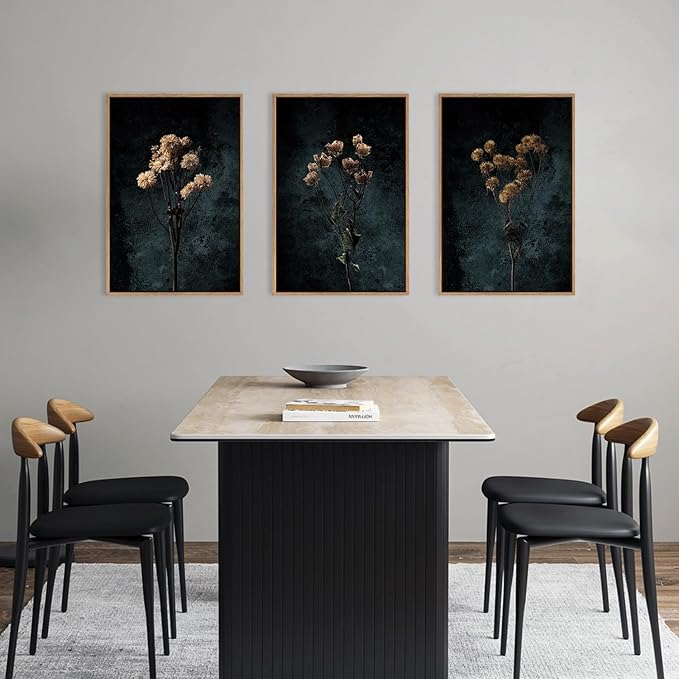 LHIUEM Dark Moody Wildflowers Framed Canvas Wall Art Set,Minimalist Wildflower Wall Decor,Vintage Black Flower Botanical Painting, Aesthetic Floral Artwork for Living Room,Bedroom,Office-24''x36''x3