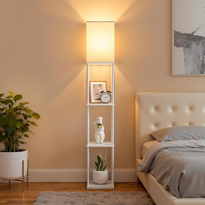 FOLKSMATE Floor Lamp with Shelves, 3-Tier Modern Square Bookshelf Floor Lamp, 3 Color Temperature Bulb Included, Floor Lamps for Living Room Bedroom Corner - White