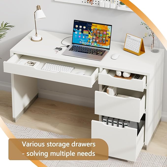 MaverickFurni 52 Inch White Desk with 4 Drawers, Computer Desk with Storage for Small Spaces with Storage File Drawer, Small Home Office Desk with Drawers for Bedroom