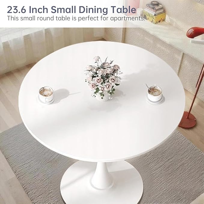 23.6 Inch Small White Round Dining Table for 2-4 Person, Mid-Century White Tulip Table with MDF Tabletop and Pedestal Base for Small Space Kitchen Dining Room