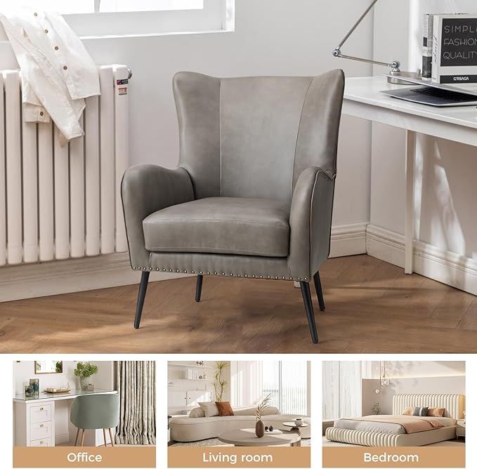 HULALA HOME Faux Leather Accent Chair Set of 2 with Removable Cushion, Comfy Upholstered Armchair with Metal Legs & Nailhead Trim Wingback Vanity Chair for Reading Living Room Bedroom, Grey