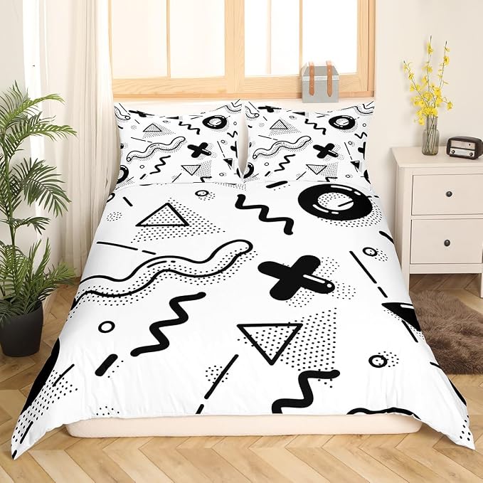 Manfei Memphis Duvet Cover Set Queen Size, Retro 80s 90s Fashion Style Comforter Cover with 2 Pillowcases, Geometric Black White Bedding Set 3pcs for Kids Boys Lightweight Bedspread Cover,No Comforter
