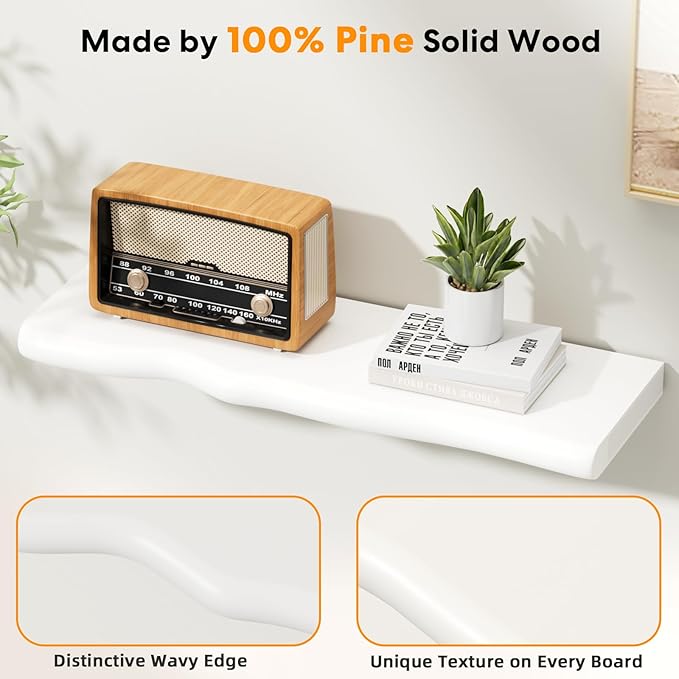 Floating Shelves for Wall Rustic Farmhouse 24 Inch Floating Shelf Bathroom Wooden Shelves for Wall Mounted Live Edge Pine Shelf with Unique Natural Grain for Living Room Bedroom Kitchen (White)