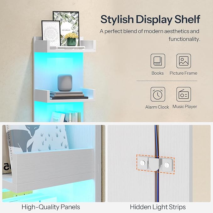 HOOBRO Floating Wall Shelves with LED Lights, Floating Shelf Wall Mounted for Storage, Vertical Display Stand, Modern Column Rack, for Bedroom, Livingroom, 4-Tier, 35.8 Inches, White, WT41DBJ01