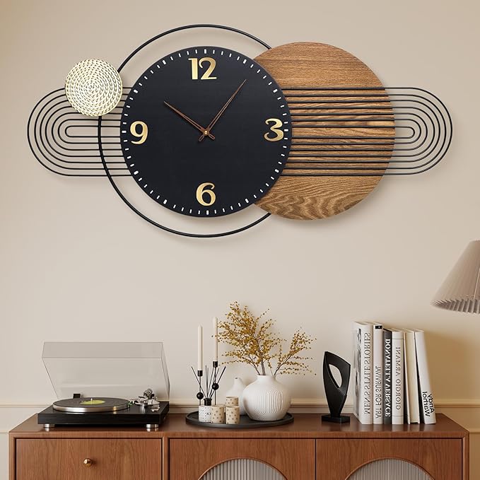 39X20 inch Extra Large Wall Clock - Modern Wood and Metal Decorative Clocks for Living Room, Battery Operated Big Clocks,Silent Non Ticking Hanging Clock for Home Office Wall Art