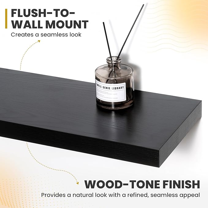 48 Inch Floating Shelves, 9.3" Deep Floating Shelf Wall Mounted, 48" Wall Shelves, Rustic Deep Bookshelf, Large Display Shelves & Storage Shelves for Bedroom, Living Room, Black, Set of 1