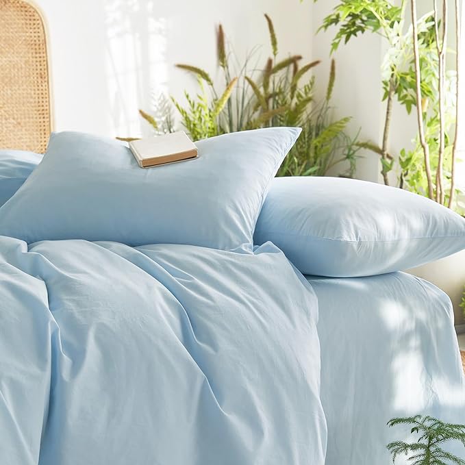 Wake In Cloud - Cotton Duvet Cover Set, 100% Washed Cotton, Linen Like Textured, Breathable Durable Comfy Farmhouse Neutral Bedding Set, 3 Pieces, Sky Blue, Queen Size