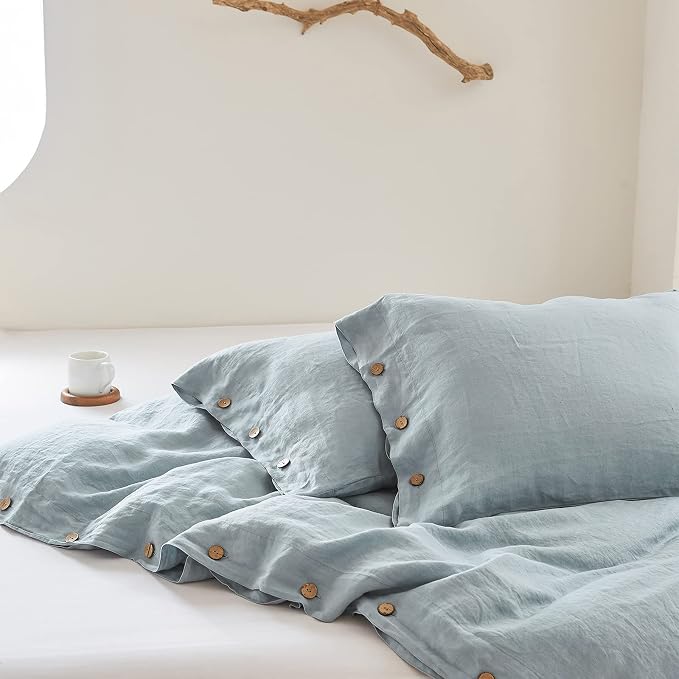 Simple&Opulence 100% Linen Duvet Cover Set 3pcs with Coconut Button Closure Natural French Washed Flax Solid Color Soft Breathable Farmhouse Bedding - Dusty Blue, Full Size