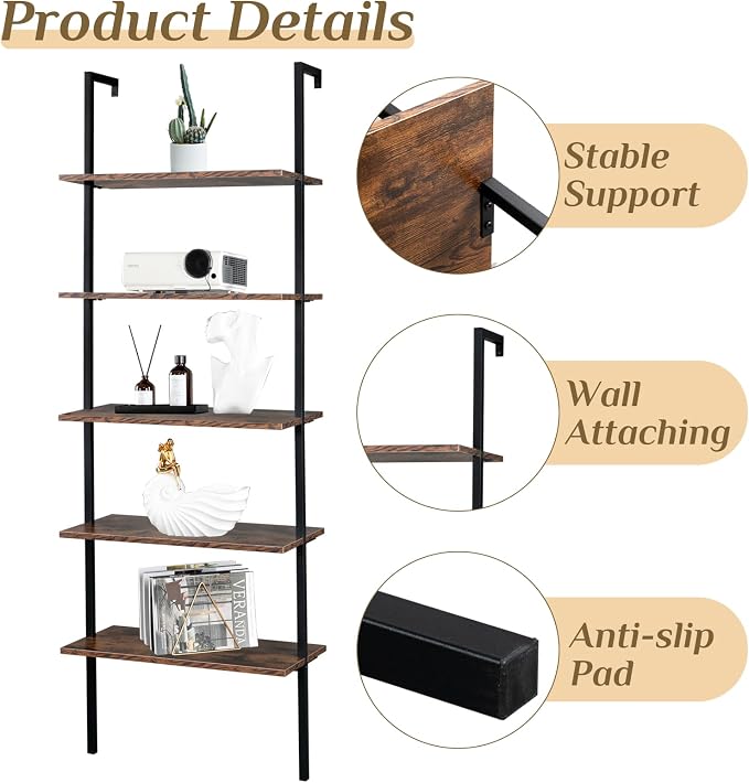 Karl home Ladder Shelf 5 Tier Wall Mounted Bookcase with Metal Frame,Open Design Shelves for Living Room,Bedroom,Home,Office,Rustic Brown (23.6" L x 11.8" W x 70.9" H)