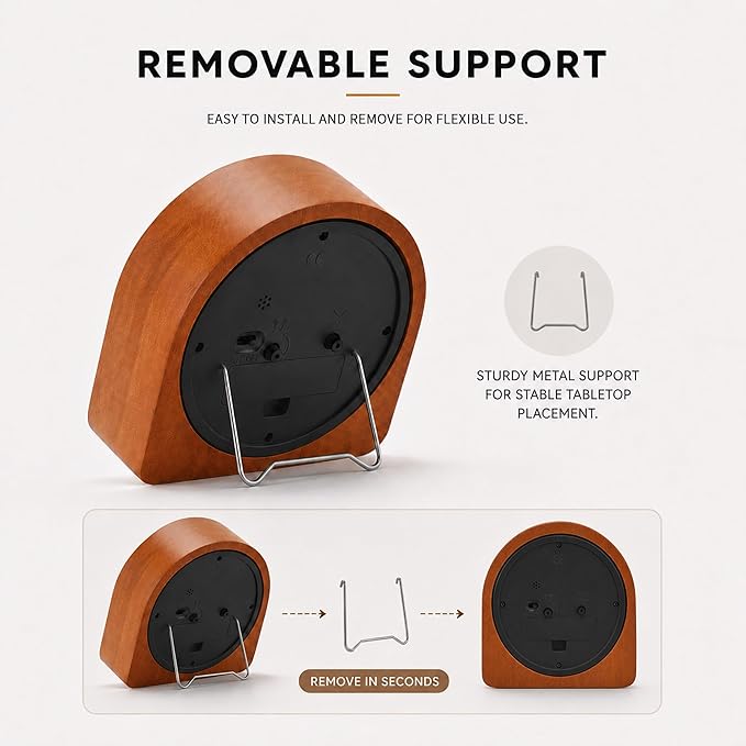 Analog Alarm Clock 5" Silent Non-Ticking Small Solid Wood Desk Clocks Battery Operated Simple Style Retro Table Clock for Office/Bedroom/Kitchen/School/Bedside/Shelf (Dark Wood, Arch)