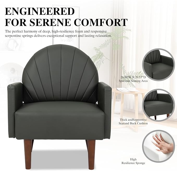 Mid-Century Accent Chair, Faux Leather Armchair - Shell-Shaped Back Waterproof PU Leather Modern Retro Lounge Chair for Living Room, Office, Bedroom & Waiting Room