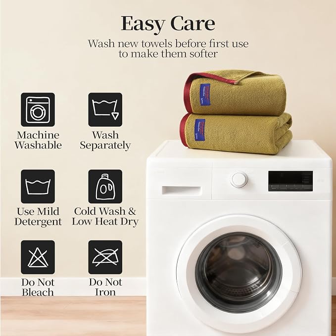 REDKISS 2 Pack Cotton Bath Towels, Soft Absorbent 600 GSM, 27x54 Inch | Quick Dry | Reinforced Stitching | Modern Contrast Border Design | Machine Washable | Bathroom, Gym|Spa & Guest Use | Yellow