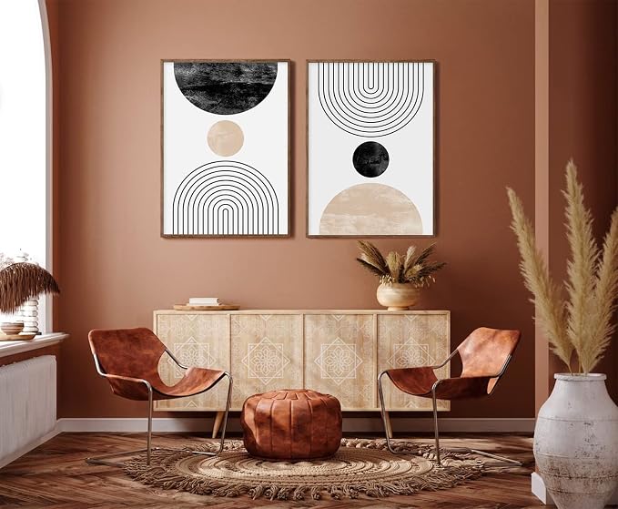 Mid Century Modern Wall Art Prints Set of 2, Neutral Abstract Geometric Wall Art Boho Canvas Prints Mid Century Eoind Wall Decor Modern Abstract Pictures Artwork for Home Room 12x16 Inch Unframed