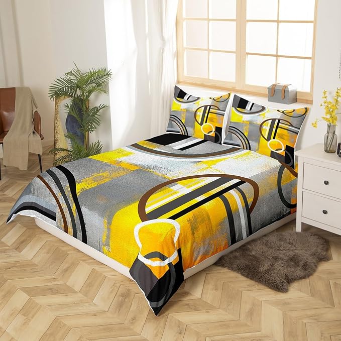 Erosebridal Ombre Duvet Cover Queen,Yellow Black Gray Comforter Cover for Kids Boys Girls,Geometric Circles Swirls Bedding Set,Grunge Oil Painting Artwork Quilt Cover with 2 Pillow Cases Zipper& Ties