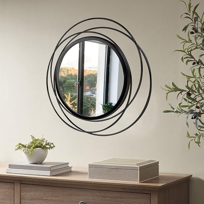 2 Set Circle Mirrors for Wall Decor for Living Room Bedroom Bathroom Entryway Metal Round Mirror Decorative Hanging Mirrors Sun Bohemian Geometric Accent Sculpture -Black 15.7 in