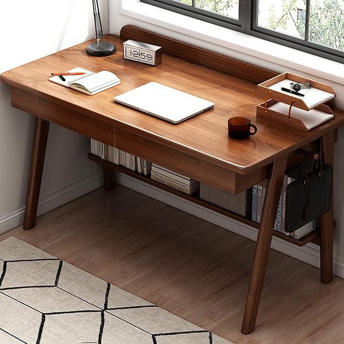 Writing Desk, Home Office Workstation Computer Desk Mid-Century Modern Walnut Desk with 2 Drawers and Storage Shelves(39 Inch, Walnut)