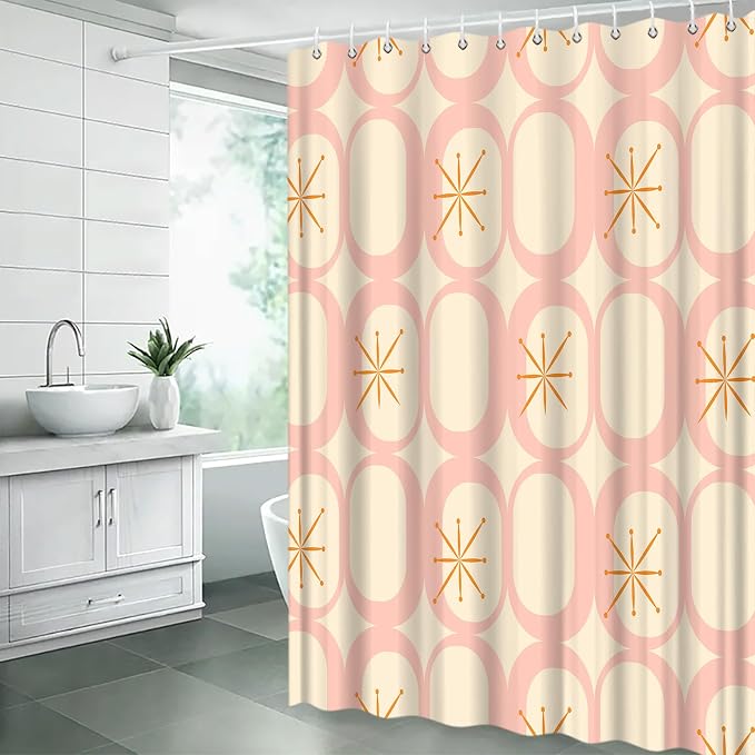 Mid Century Shower Curtain Modern Abstract Atomic Starbursts Squares Retro 50s Geometric Bathroom Decor Polyester Curtains with Hooks