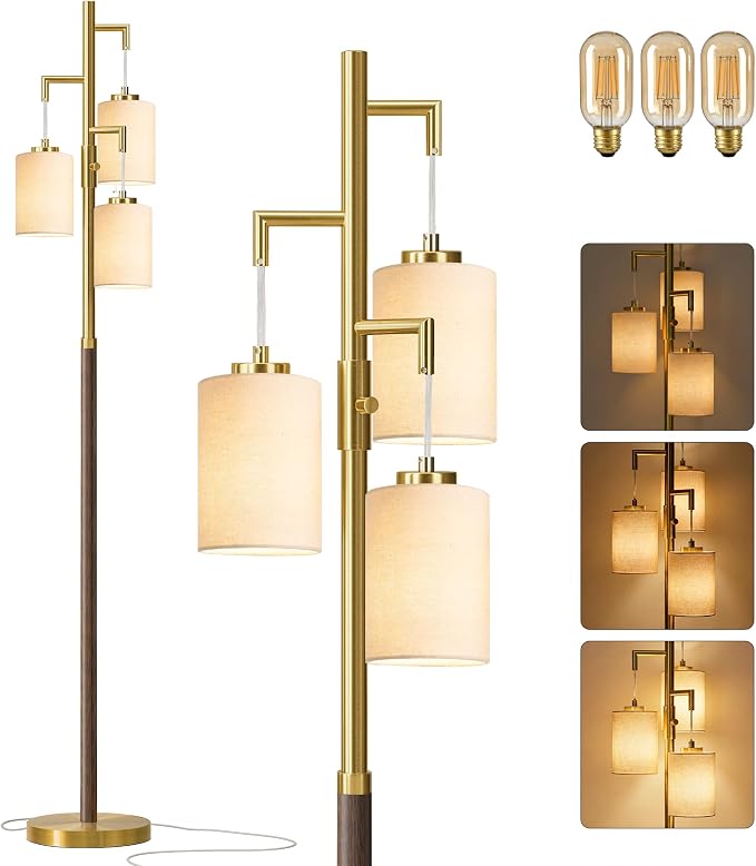 G-SAFAVA 70" Dimmable Floor Lamp Wood Floor Lamps for Living Room Bedroom Mid Century Modern Floor Lamp Gold Standing Lamp Tall Lamps for Office Nursery Reading Elegant Stand Up Lamp, 3 Bulbs Included
