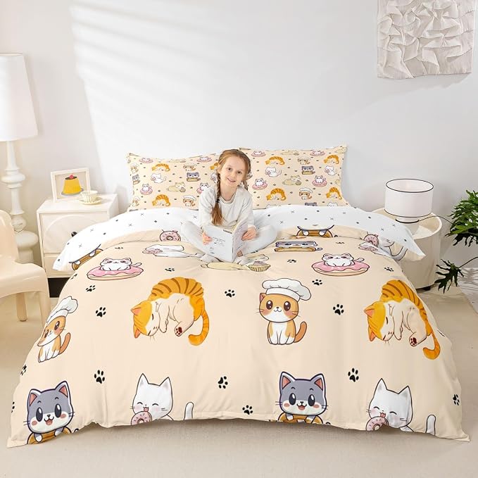 Erosebridal Cute Cats Comforter Cover Twin Cartoon Kitten Bedding Set Lovely Animals Pets Duvet Cover for Kids Girls Boys Adults Paw Print Bed Set