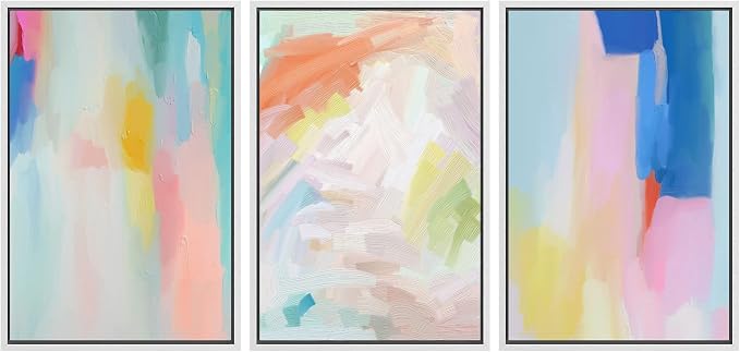 SIGNWIN Framed Canvas Print Wall Art Set Watercolor Pastel Rainbow Paint Stroke Shapes Abstract Illustrations Modern Art Decorative Nordic Calm/Zen for Living Room, Bedroom, Office - 16"x24"x3 White