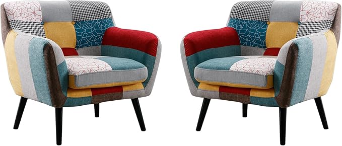Bonzy Home Modern Accent Chair Set of 2 for Living Room, Colorful Boho Linen Fabric Upholstered Armchair with Wood Legs, 2 Single Chairs