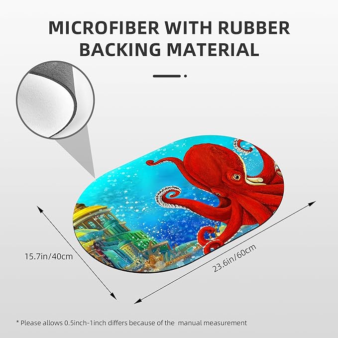 Bathroom Rug Mat Cartoon Underwater Octopus Kingdom Oval Bath Mat Doormat Absorbent Quick Dry Non Slip Diatom Mud Mat for Shower Tub Sink Laundry Kitchen Doorway 23.6x15.7 Inches