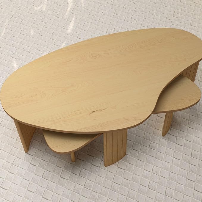 Nesting Coffee Tables Set of 2 – Cloud/Mango Shaped Ash Veneer Top with Fluted Solid Wood Legs, Space-Saving End Tables for Living Room, Natural Wood Finish (47" L x 25" W x 16" H)