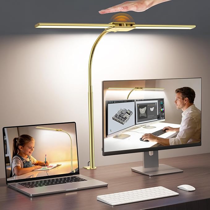 Syrinx LED Desk Lamp for Office Home, Dual Head Eye-Care Architect Table Lamp, Gesture/Wired Control, Flexible Neck, Bright Desk Light with Memory/Timer, 50 Lighting Modes for Study, Drafting, Gold