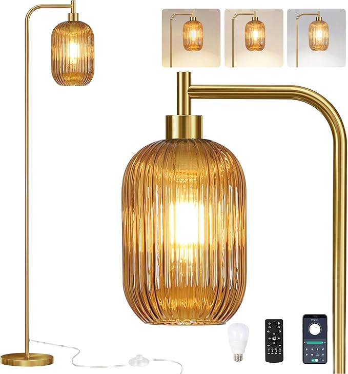 Floor Lamp for Living Room,Bedroom,Gold Dimmable Standing Lamp with Remote,Mid Century Modern Brass Tall Lamp Retro Vintage Glass Lamp Floor Light Boho Bohemian
