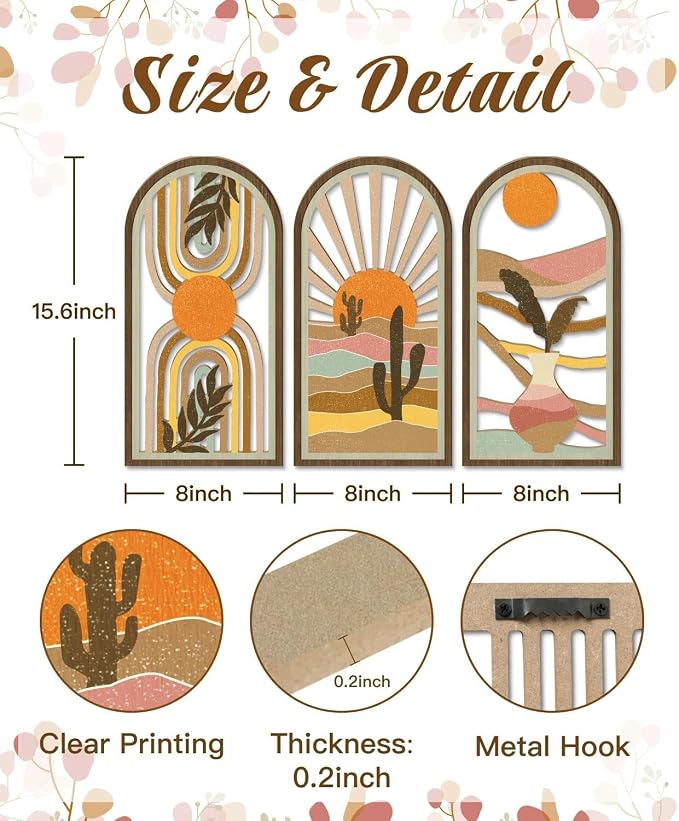 Putuo Decor Boho Wall Art Set of 3, Modern Minimalist Wooden Wall Decor, Desert Cactus Sun Abstract Aesthetic Room Decorations, Mid-Century Artwork for Living Room, Bedroom, Office (White, 16×8 in