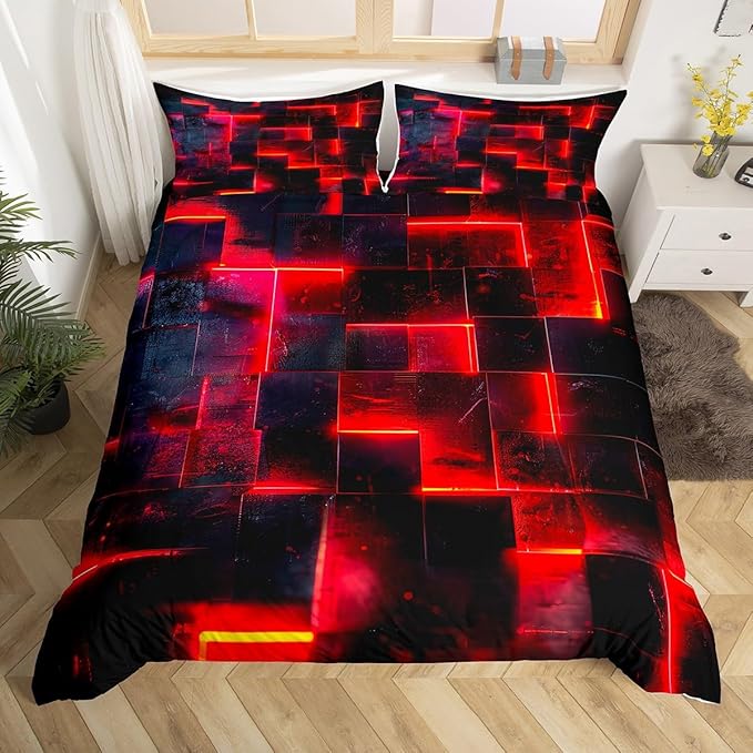 Erosebridal Black and Red Duvet Cover Twin Modern Abstract Twin Bedding Set, 3D Glowing Plaid Comforter Cover Gradient Grid Bed Set, Neon Square Bedding 2pcs (Black Reversible)