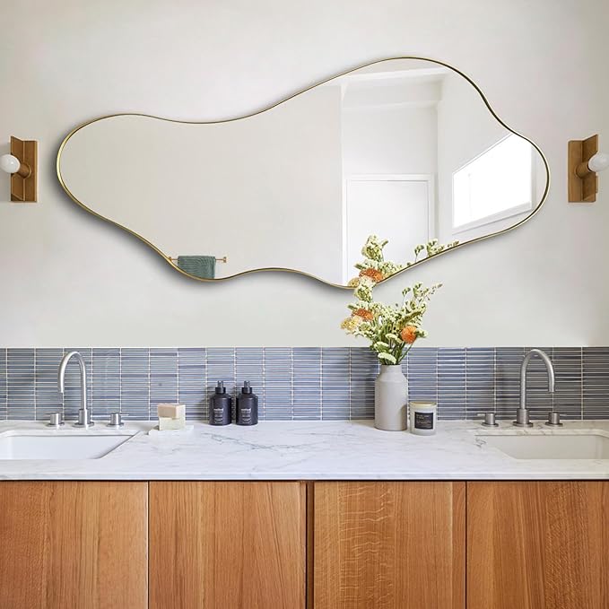 Irregular Wall Mirror, 47"x22" Gold Asymmetrical Mirrors with Metal Frame, Unique Shaped Decorative Mirror, Modern Abstract Mirrors for Living Room Bathroom Bedroom Hallway Entryway