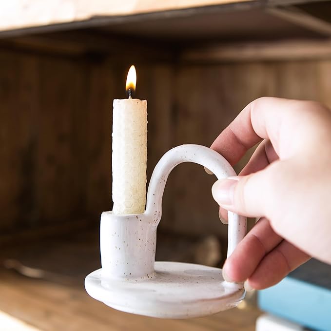 Candle Holder, Ceramic Candle Holder, Christamas Candlestick Holder, for Taper Candles, Vintage Home Decor - White Taper Holder with Handle and Spots - Rustic Style