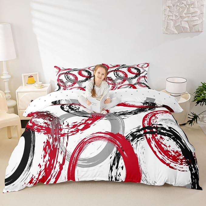 Geometric Circle Duvet Cover Set Twin Size,Graffiti Retro Striped Swirls Bedding Set,Boys Girls Room Decor,Abstract Aesthetic Stripes Comforter Cover,Red White Quilt Cover,1 Pillowcase(No Filler)