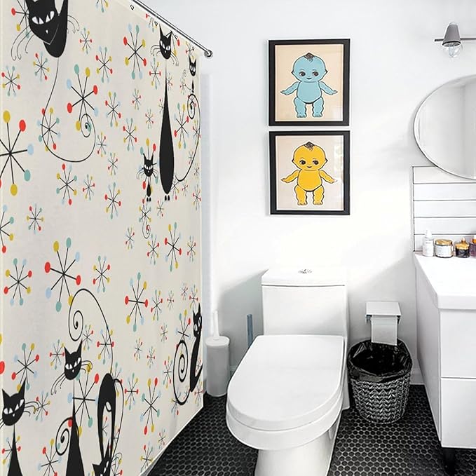 Mid Century Black Cat Shower Curtain,Atomic Cat Modern Abstract Geometric Iconic Pattern 1950s Vintage Funny Decor Fabric Bathroom Curtain with Hooks 72x72in（183x183cm）