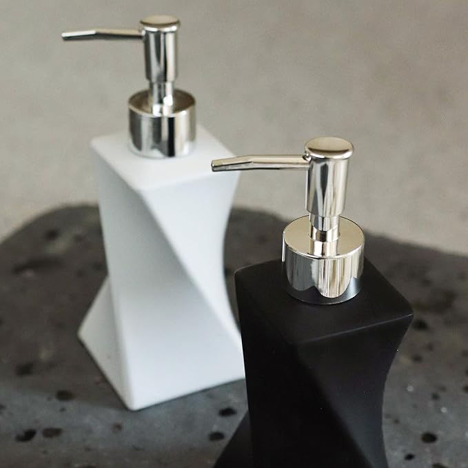 2 Pack Modern White & Black Hand Soap Dispenser Set for Bathroom Countertop, Dish Soap Dispenser for Kitchen, Contemporary Art Style, Rust Proof, 8.5oz