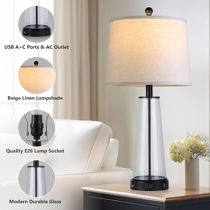 26" Glass Table Lamp Set of 2 with USB C+A Ports and AC Outlet, 3 Way Touch Modern Bedside Lamps for Night Stands, Black Nightstand Lamps for Bedroom Living Room