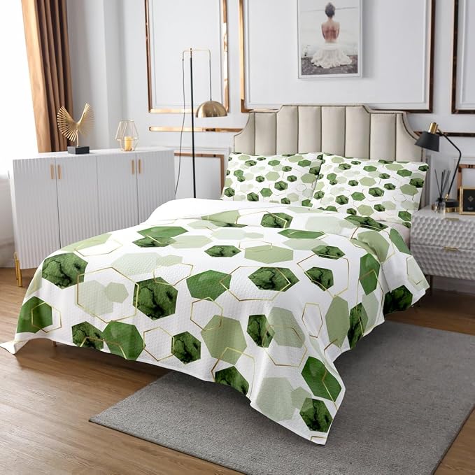 Erosebridal Sage Green Modern Quilt Set King - Marble Grain Geometric Coverlet Set, Fresh Abstract Geometric Art Decor Quilts for Boys Girls Watercolor Hexagon Bedspreads with 2 Pillowcases