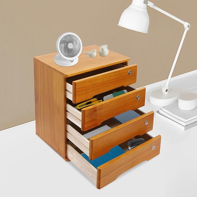 Desktop File Organizer with Lock, 2/3/4 Tier Multi-Drawer Wooden Storage Cabinet, Office Supply Organizer for Home Desk, Study & Workplace (Brown, 4 Layers)