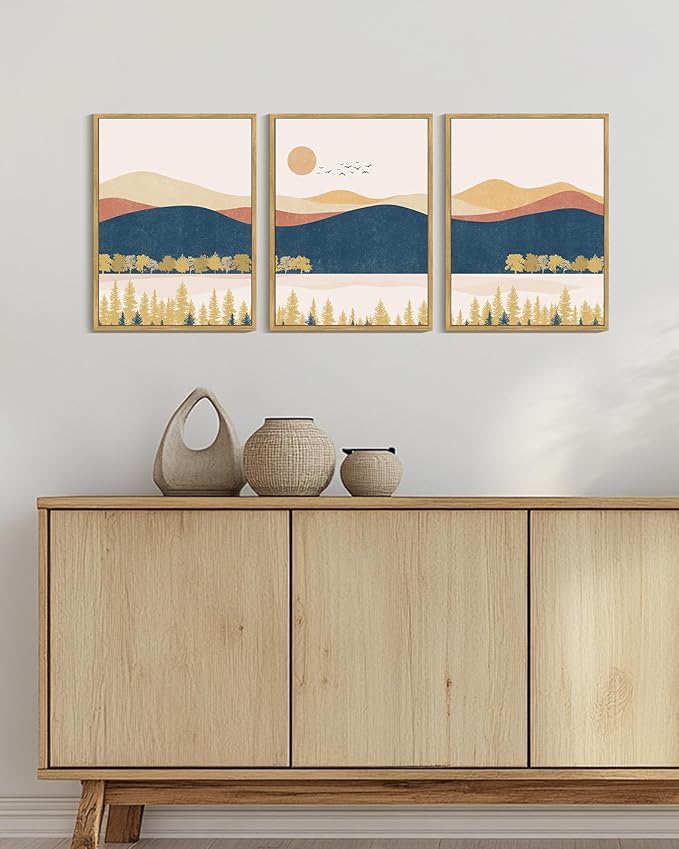 KUVIOKE Bohemain Mountain Landscape Framed Canvas Wall Art Watercolor Nature Artwork Painting Boho Farmhouse Rustic Room Decor for Bedroom Living Room 12x16in (Natural Framed)