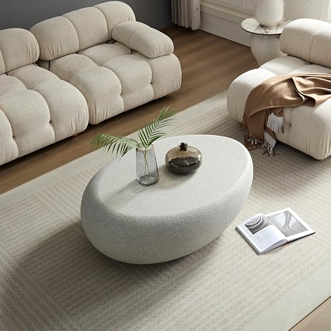 Oval Coffee Table Faux Stone Table Outdoor Irregular Coffee Table Contemporary Center Table for Living Room Apartment Indoor, No Need Assembly (43.31'' Matte Beige)