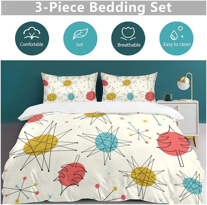 Mid Century Duvet Cover Queen Retro Atomic Bedding Set, Rainbow Grid Comforter Cover Vintage Fifties 1950s Bed Set，Abstract Art Bedding 3 Piece (1 Duvet Cover 102"x90" + 2 Pillow Sham 20"x30")