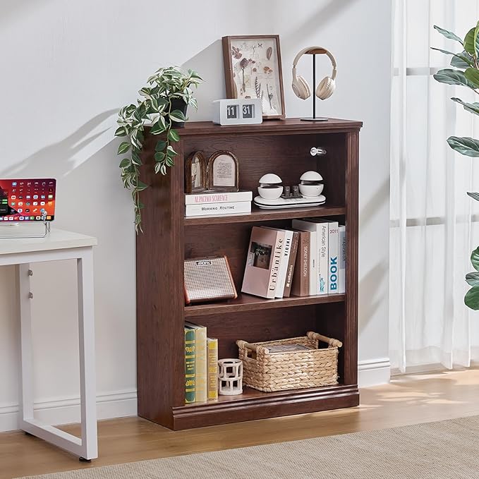 43" Walnut Tall Bookshelf Set of 3,3-Tier Thick Wooden Book Shelf with Adjustable Shelves,Free Standing Farmhouse Bookcase with Open Display Storage,Floor Vintage Bookshelves for Living Room