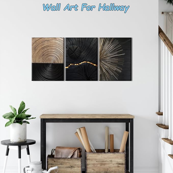Pennimor 3Pcs Framed Retro Wood Grain Abstract Wall Art, Simple Geometric Line Wood Wall Decor, Black and Brown Modern Minimalist Artwork Printing for Bathroom Bedroom Living Room Home Office 16x24in
