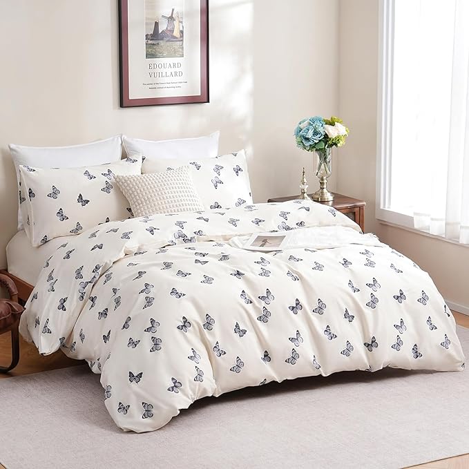 Butterfly Duvet Cover Set Queen Size 100% Cotton Duvet Cover 3 Pcs Cute Butterfly Printed Comforter Cover with Zipper Closure Soft and Lightweight Cotton Duvet Cover