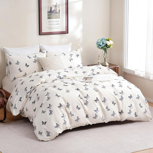 Butterfly Duvet Cover Set Queen Size 100% Cotton Duvet Cover 3 Pcs Cute Butterfly Printed Comforter Cover with Zipper Closure Soft and Lightweight Cotton Duvet Cover