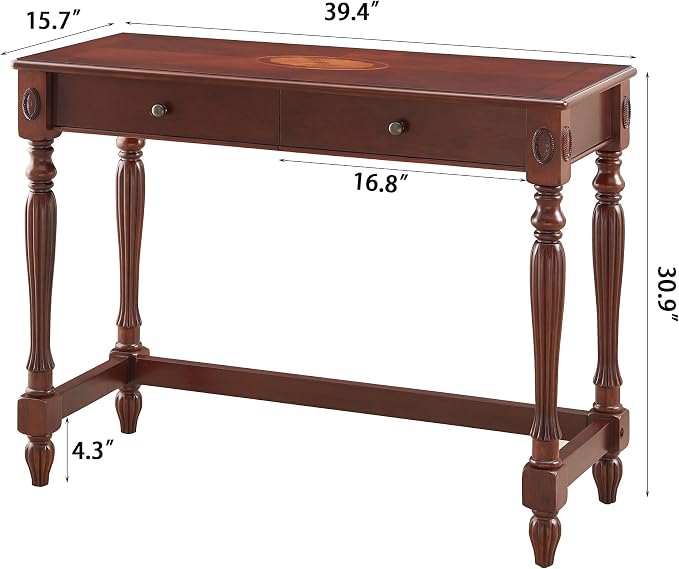 Writing Desks with Drawers, 39.4" Home Office Desk with Stable Solid Wood Pedestral Legs, Vntage/Classic Style Computer Desk for Home Office, Living Room Study or Workspace SSZ1533